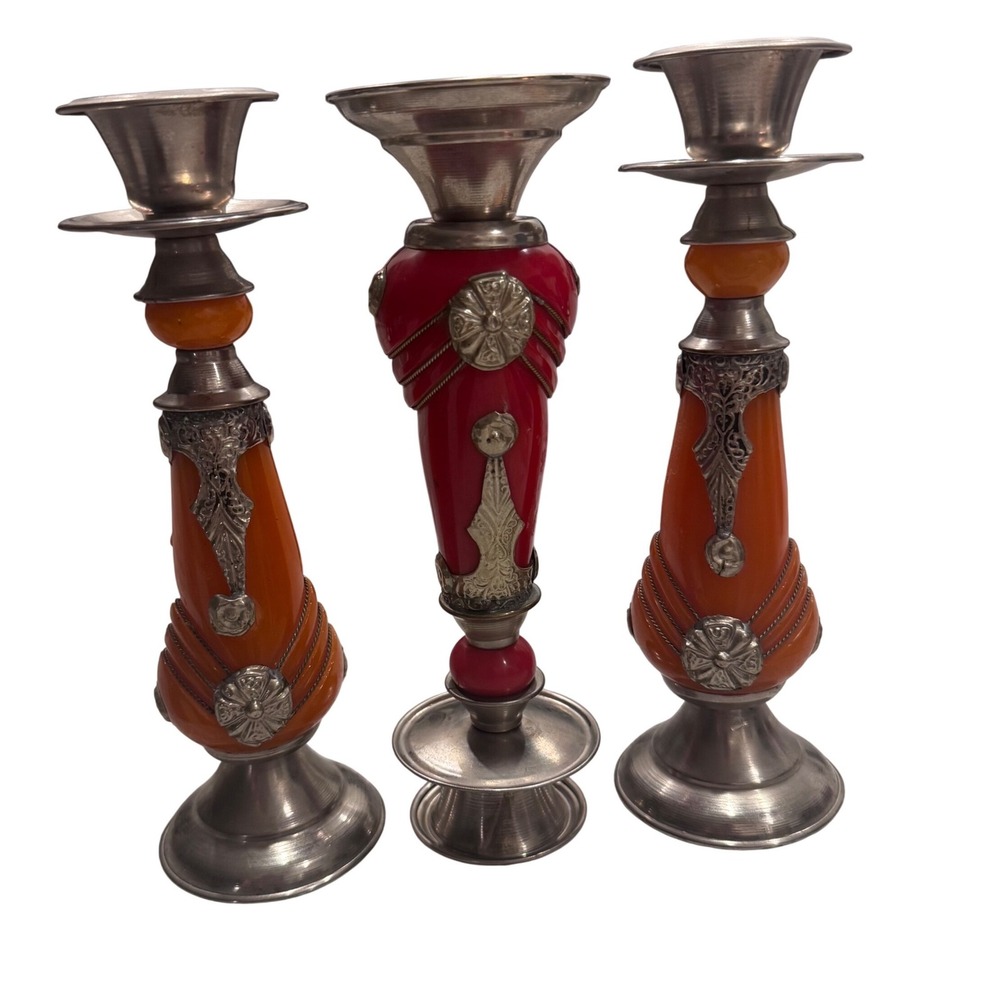 Set of 3‎ Vintage Moroccan  Boho Candlesticks Red Orange Resin Silver Metal  9"